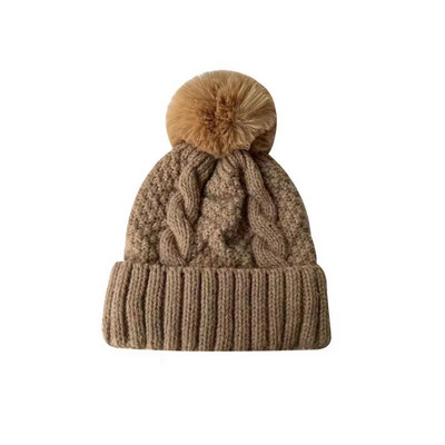 Nova zimska zaokretna pletena kapa za žene Debela plišana kapa s krznenim pompom, jednobojna kapa, jednobojna ženska topla kapa za skijanje Skullies