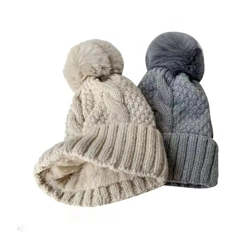Nova zimska zaokretna pletena kapa za žene Debela plišana kapa s krznenim pompom, jednobojna kapa, jednobojna ženska topla kapa za skijanje Skullies