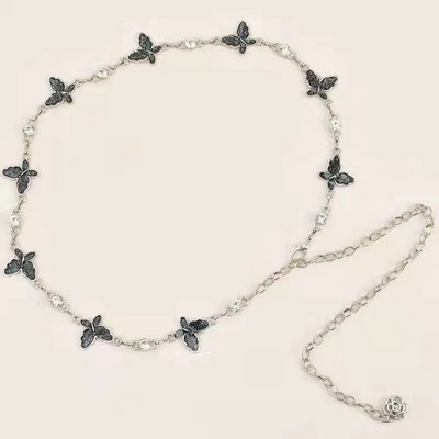 Shiny Butterfly Rhinestones jostasvieta plāna josta sievietēm Modes regulējama metāla vidukļa siksna Punk slaidas ķermeņa ķēdes kleitas dekors