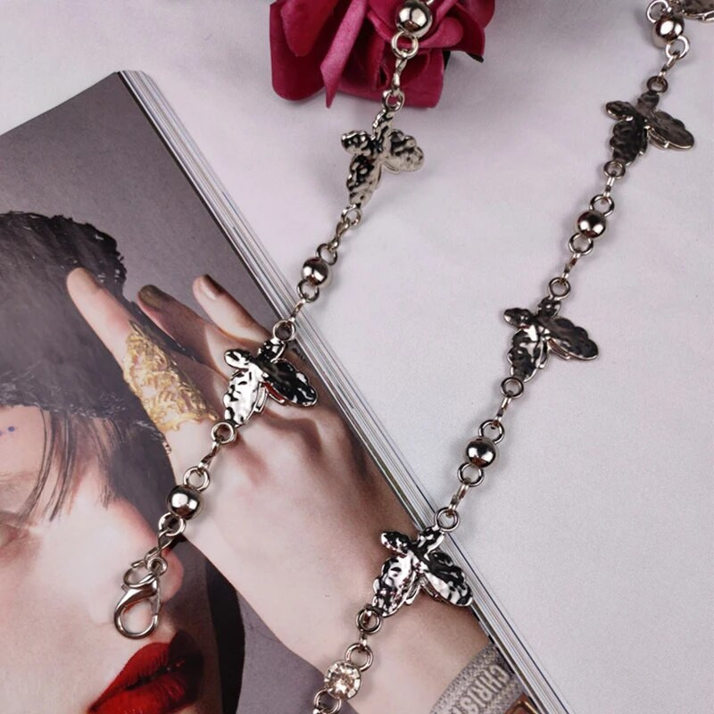 Shiny Butterfly Rhinestones jostasvieta plāna josta sievietēm Modes regulējama metāla vidukļa siksna Punk slaidas ķermeņa ķēdes kleitas dekors