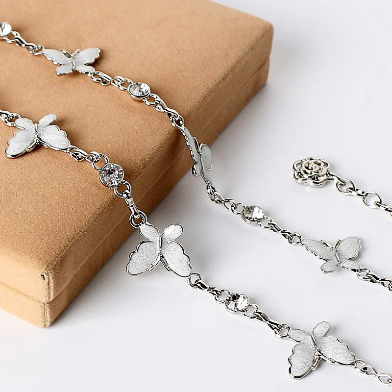 Shiny Butterfly Rhinestones jostasvieta plāna josta sievietēm Modes regulējama metāla vidukļa siksna Punk slaidas ķermeņa ķēdes kleitas dekors