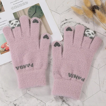 Вълнени дамски модни ръкавици Плетени сладко мече Плюшени еластични ръкавици Сензорен екран Зимни топли ръкавици