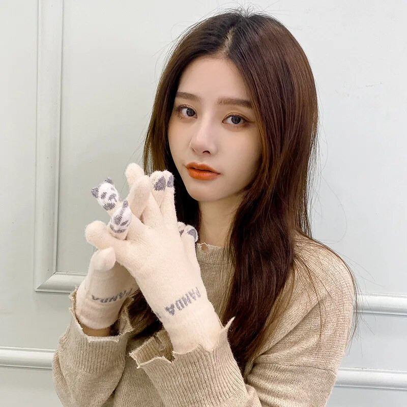 Vunene ženske modne rukavice Pleteni slatki medo Plišane rastezljive rukavice Zaslon osjetljiv na dodir Zimske tople rukavice