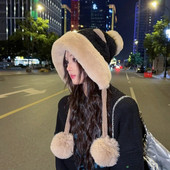 Zimske slatke tople pletene kape za žene Crtane mačje uši Dvije lopte Kapa s naušnicama Plišana pahuljasta deblja topla krznena kapa kapa Ženska