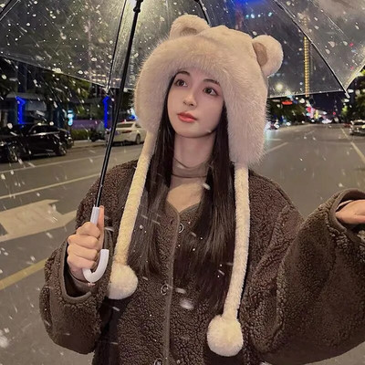Zimske slatke tople pletene kape za žene Crtane mačje uši Dvije lopte Kapa s naušnicama Plišana pahuljasta deblja topla krznena kapa kapa Ženska