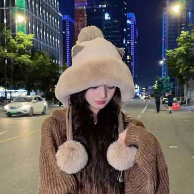 Zimske slatke tople pletene kape za žene Crtane mačje uši Dvije lopte Kapa s naušnicama Plišana pahuljasta deblja topla krznena kapa kapa Ženska