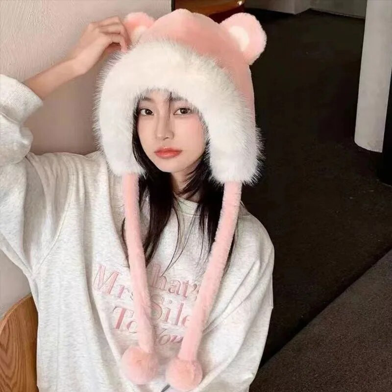 Zimske slatke tople pletene kape za žene Crtane mačje uši Dvije lopte Kapa s naušnicama Plišana pahuljasta deblja topla krznena kapa kapa Ženska