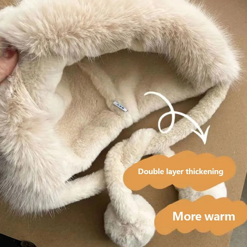 Zimske slatke tople pletene kape za žene Crtane mačje uši Dvije lopte Kapa s naušnicama Plišana pahuljasta deblja topla krznena kapa kapa Ženska