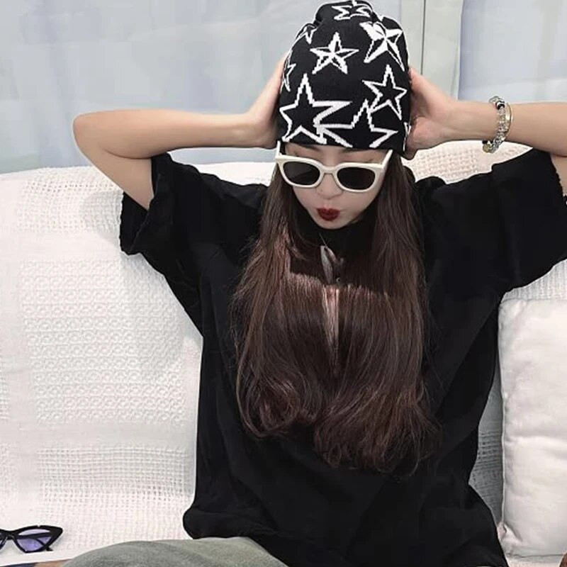 Divatos kötött pulóver sapkák Star meleg sapka Hip-hop sapka Street Punk téli utcai ruházat kötött sapka Y2K gótikus unisex