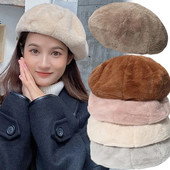 Női Műszőrme Meleg Beretek Sapka Őszi Téli Nyúl Szőrme Kalap Édes Festő Kalapok Női Egyszínű Újságfestő Panama Sapkák