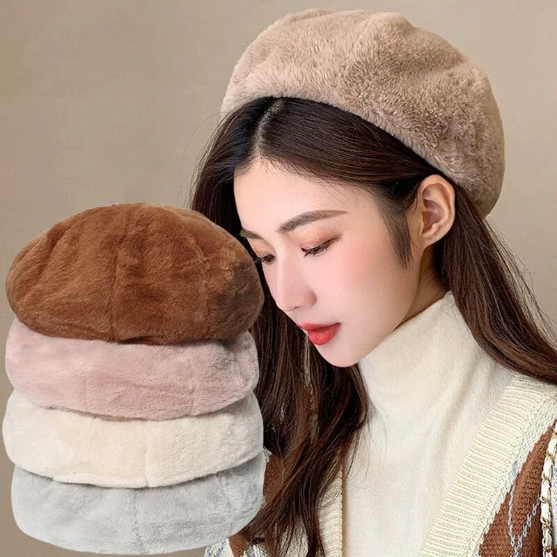 Női Műszőrme Meleg Beretek Sapka Őszi Téli Nyúl Szőrme Kalap Édes Festő Kalapok Női Egyszínű Újságfestő Panama Sapkák