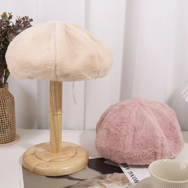Női Műszőrme Meleg Beretek Sapka Őszi Téli Nyúl Szőrme Kalap Édes Festő Kalapok Női Egyszínű Újságfestő Panama Sapkák