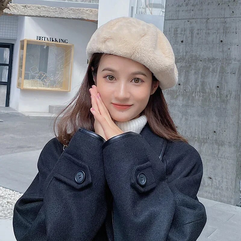 Női Műszőrme Meleg Beretek Sapka Őszi Téli Nyúl Szőrme Kalap Édes Festő Kalapok Női Egyszínű Újságfestő Panama Sapkák