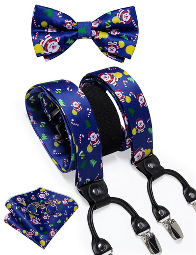 Karácsonyi férfi elasztikus nadrágtartó, állítható fekete csokornyakkendő mandzsettagomb szett karácsonyfa Santa Y hátul merevítő széles pántos fém klip