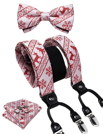 Karácsonyi férfi elasztikus nadrágtartó, állítható fekete csokornyakkendő mandzsettagomb szett karácsonyfa Santa Y hátul merevítő széles pántos fém klip