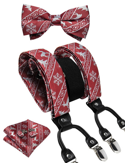 Karácsonyi férfi elasztikus nadrágtartó, állítható fekete csokornyakkendő mandzsettagomb szett karácsonyfa Santa Y hátul merevítő széles pántos fém klip