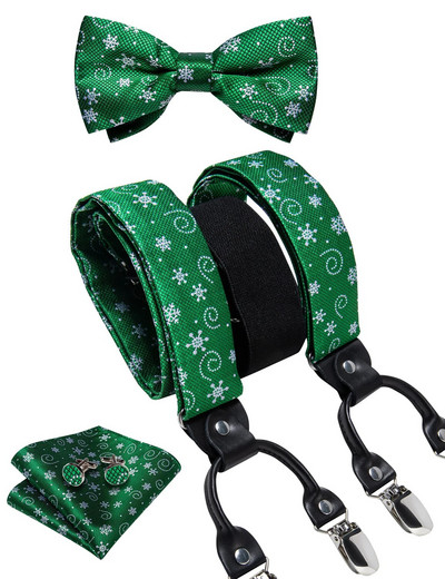 Karácsonyi férfi elasztikus nadrágtartó, állítható fekete csokornyakkendő mandzsettagomb szett karácsonyfa Santa Y hátul merevítő széles pántos fém klip