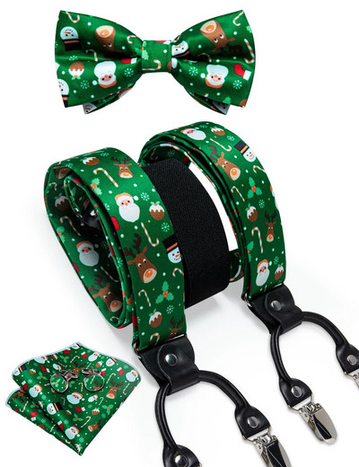 Karácsonyi férfi elasztikus nadrágtartó, állítható fekete csokornyakkendő mandzsettagomb szett karácsonyfa Santa Y hátul merevítő széles pántos fém klip