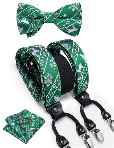 Karácsonyi férfi elasztikus nadrágtartó, állítható fekete csokornyakkendő mandzsettagomb szett karácsonyfa Santa Y hátul merevítő széles pántos fém klip