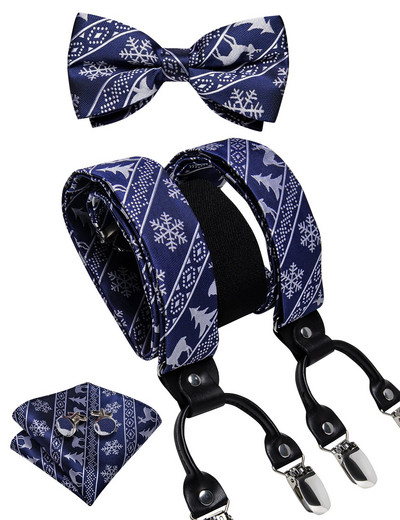 Karácsonyi férfi elasztikus nadrágtartó, állítható fekete csokornyakkendő mandzsettagomb szett karácsonyfa Santa Y hátul merevítő széles pántos fém klip