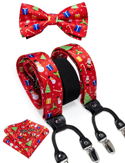 Karácsonyi férfi elasztikus nadrágtartó, állítható fekete csokornyakkendő mandzsettagomb szett karácsonyfa Santa Y hátul merevítő széles pántos fém klip