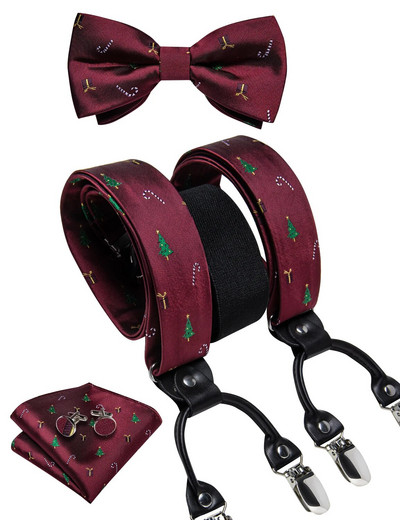 Karácsonyi férfi elasztikus nadrágtartó, állítható fekete csokornyakkendő mandzsettagomb szett karácsonyfa Santa Y hátul merevítő széles pántos fém klip