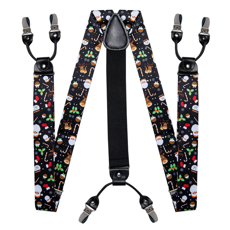 Karácsonyi férfi elasztikus nadrágtartó, állítható fekete csokornyakkendő mandzsettagomb szett karácsonyfa Santa Y hátul merevítő széles pántos fém klip
