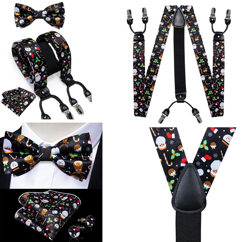 Karácsonyi férfi elasztikus nadrágtartó, állítható fekete csokornyakkendő mandzsettagomb szett karácsonyfa Santa Y hátul merevítő széles pántos fém klip