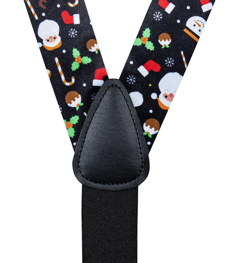 Karácsonyi férfi elasztikus nadrágtartó, állítható fekete csokornyakkendő mandzsettagomb szett karácsonyfa Santa Y hátul merevítő széles pántos fém klip