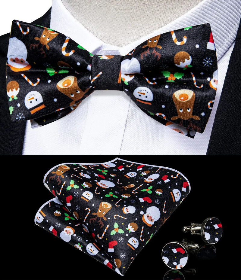 Karácsonyi férfi elasztikus nadrágtartó, állítható fekete csokornyakkendő mandzsettagomb szett karácsonyfa Santa Y hátul merevítő széles pántos fém klip