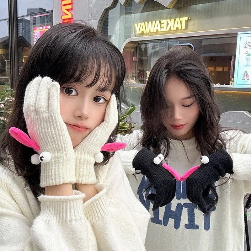 Zimske pletene rukavice za par 2023. Smiješne velike oči Tople tople rukavice s pet prstiju Slatke smiješne magnetske usisne rukavice Ruka u ruci