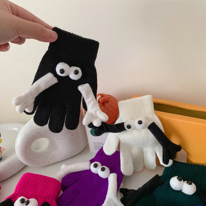 Zimske pletene rukavice za par 2023. Smiješne velike oči Tople tople rukavice s pet prstiju Slatke smiješne magnetske usisne rukavice Ruka u ruci