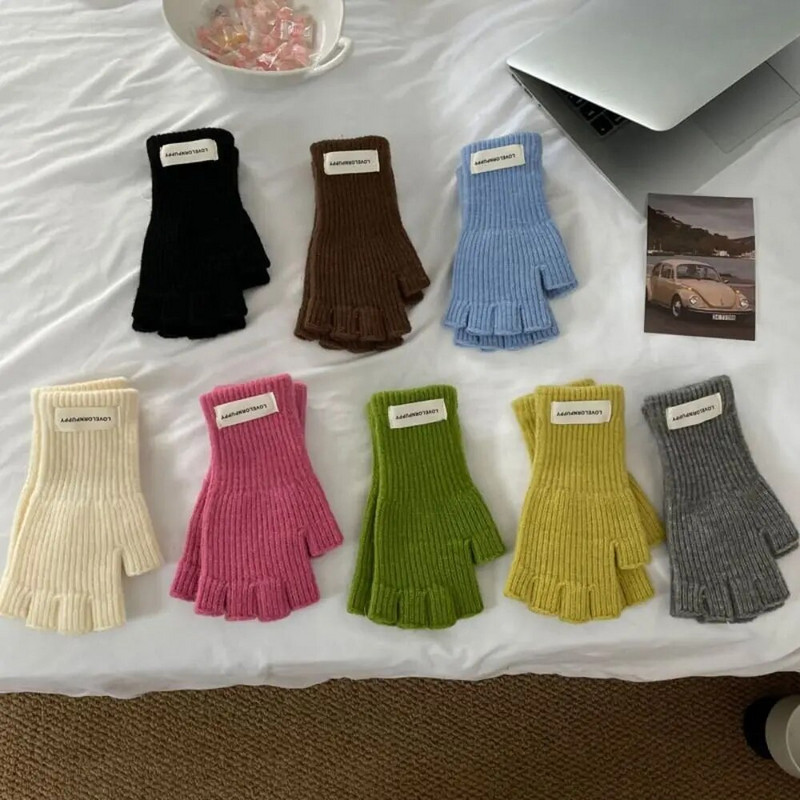 1 par uniseks crnih rukavica bez prstiju s pola prsta za žene i muškarce Vunene pletene zapešća Pamučne rukavice Modne zimske tople radne rukavice