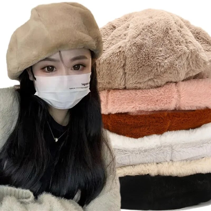 Zimske kape s beretkama od zečjeg krzna za žene Djevojke Modni francuski slikarski šešir Jednobojne meke vunene beretke Ženske ravne beretke na veliko