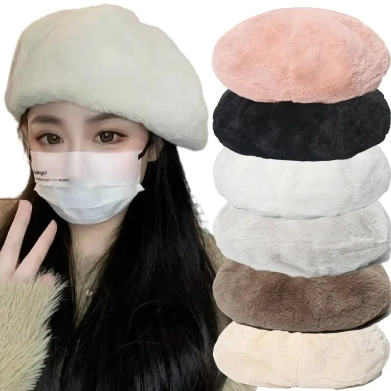 Zimske kape s beretkama od zečjeg krzna za žene Djevojke Modni francuski slikarski šešir Jednobojne meke vunene beretke Ženske ravne beretke na veliko