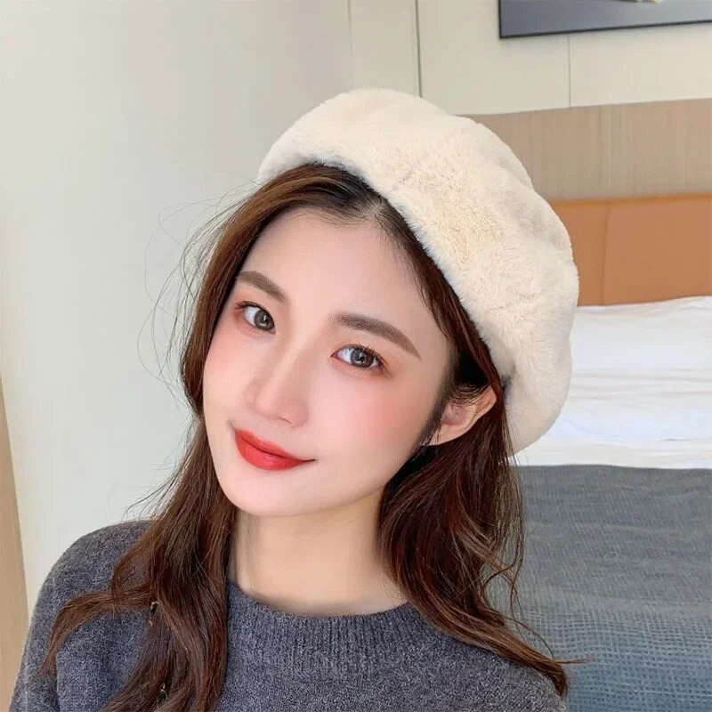 Zimske kape s beretkama od zečjeg krzna za žene Djevojke Modni francuski slikarski šešir Jednobojne meke vunene beretke Ženske ravne beretke na veliko