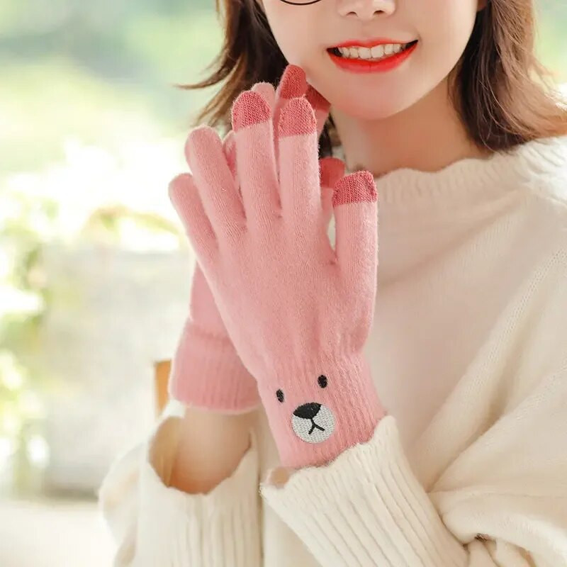 Zimske rukavice Slatki medvjed za pletenje Rukavice s pet prstiju Ženske vunene vunene zagrijane studentske jahaće rukavice s crtanim filmovima
