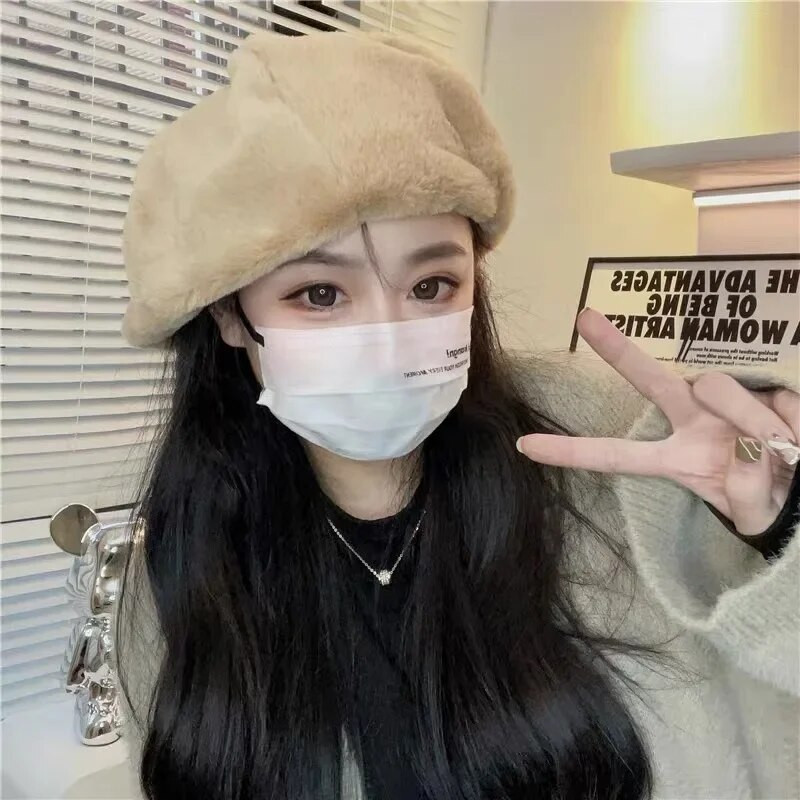 Jednobojna kapa od zečjeg krzna Ženske jesenske zimske tople višeslojne kape s beretkama Slatki slatki slikarski šeširi Raznosečki slikarski šeširi s beretkama