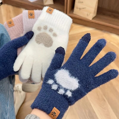 Fashion Cat Paw Gloves Mobile Phone Touchscreen Knitted Gloves Winter Thick & Warm Adult Soft Fluffy Gloves for Men`s Women