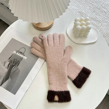 Зимни ръкавици със сензорен екран за игра на телефон Двуцветни удебелени топли плетени еластични ръкавици Пълни пръсти Ръкавици за открито за жени