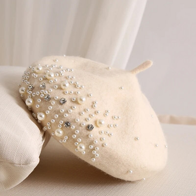 Pärlivillased baretikübarad naistele talvine Briti Rretro villane kaheksanurkne müts Naiste mood kõrvitsa mütsid Daami rhinestones nokamüts