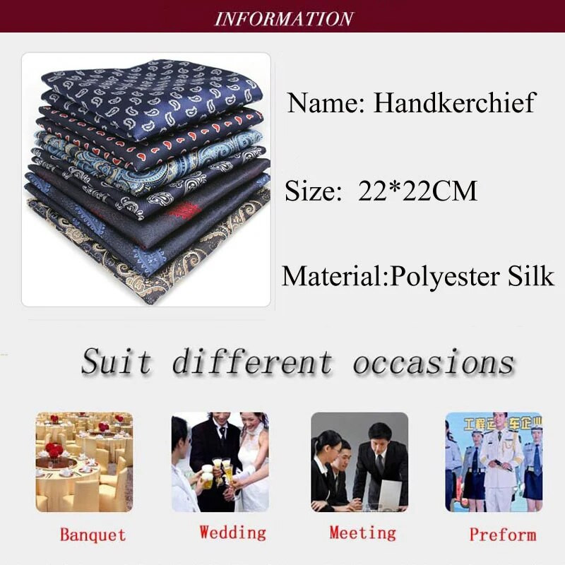 YISHLINE férfi poliészter selyem zsebkendő Paisley Pocket Square vőlegény bál esküvői party mellkas törölköző Hankies kiegészítők