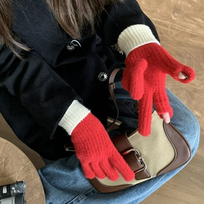 Divat kontrasztos kesztyűk Érintőképernyős kötött kesztyűk Női Téli kesztyűk Meleg lovaglókesztyűk Munkakesztyűk Ujjatlan nőknek