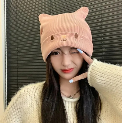 Karikatūra Sievietēm Jauka Kaķa Auss Ausu aizkars Ziemas Cepure Mode Trikotāžas Cepure Kpop Stils Mīkstas Beanie Cepures Baltas Melnas Sieviešu ielas apģērba cepures