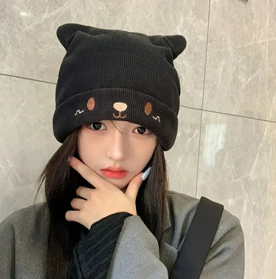 Karikatūra Sievietēm Jauka Kaķa Auss Ausu aizkars Ziemas Cepure Mode Trikotāžas Cepure Kpop Stils Mīkstas Beanie Cepures Baltas Melnas Sieviešu ielas apģērba cepures