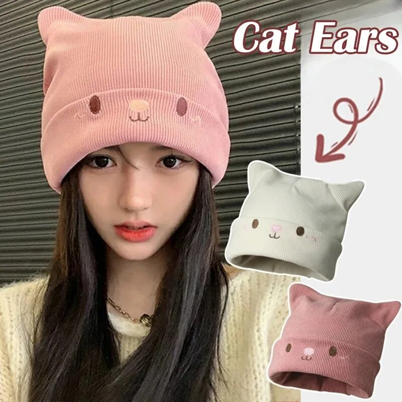 Karikatūra Sievietēm Jauka Kaķa Auss Ausu aizkars Ziemas Cepure Mode Trikotāžas Cepure Kpop Stils Mīkstas Beanie Cepures Baltas Melnas Sieviešu ielas apģērba cepures