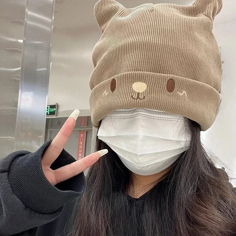 Karikatūra Sievietēm Jauka Kaķa Auss Ausu aizkars Ziemas Cepure Mode Trikotāžas Cepure Kpop Stils Mīkstas Beanie Cepures Baltas Melnas Sieviešu ielas apģērba cepures
