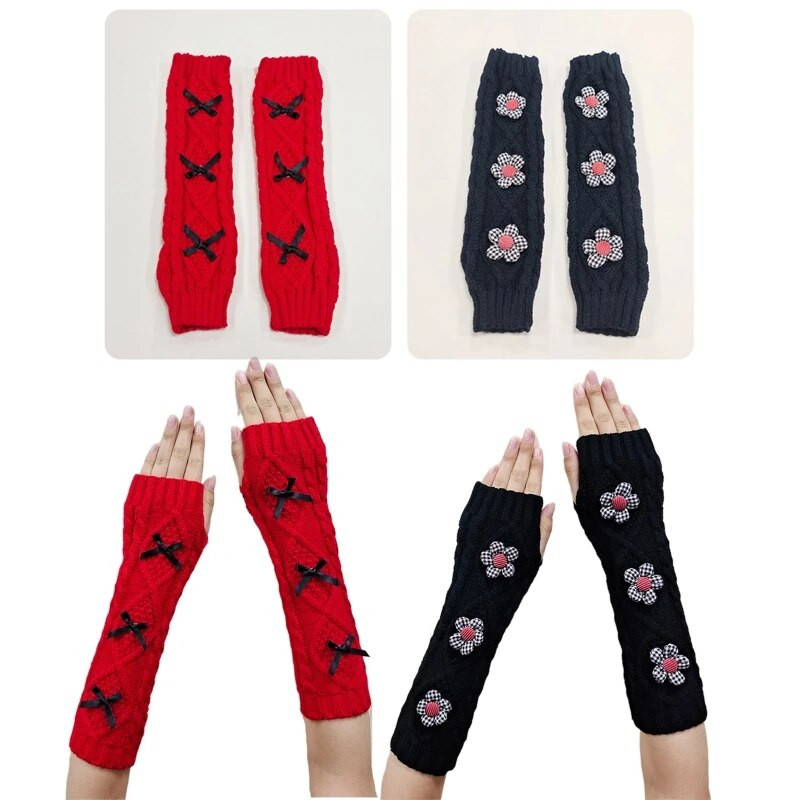 Q39C 2x Kawaii trikotāžas roku sildītājs īkšķa caurums, elastīgi cimdi Sieviešu garie dūraiņi bez pirkstiem sievai mīļotajai draudzenei māsai dāvana