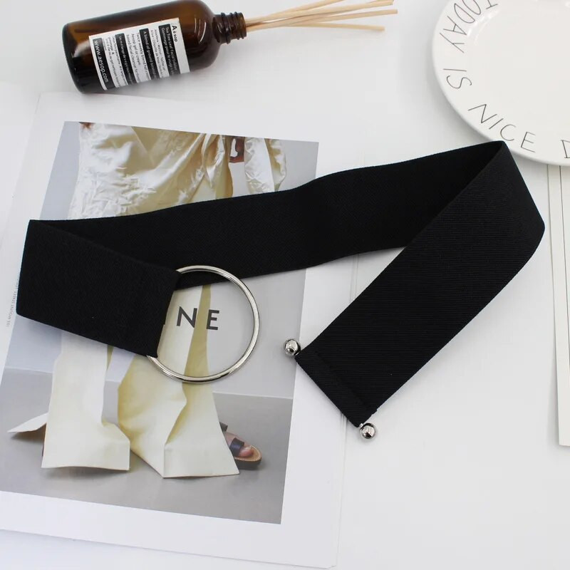 Sieviešu jostas Melns, vienkāršs viduklis, elastīga sieviešu lente, apaļa sprādze, dekorācija mētelis džemperis Modes kleita rīsbalta