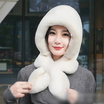 Σετ κασκόλ με χειμωνιάτικα ζεστά καπέλα 2023 με κουκούλα για γυναικεία βελούδινα ζεστά καπέλα για σκι, αντιανεμικό καπέλο εξωτερικού χώρου Χοντρό βελούδινο αφράτο φασόλια